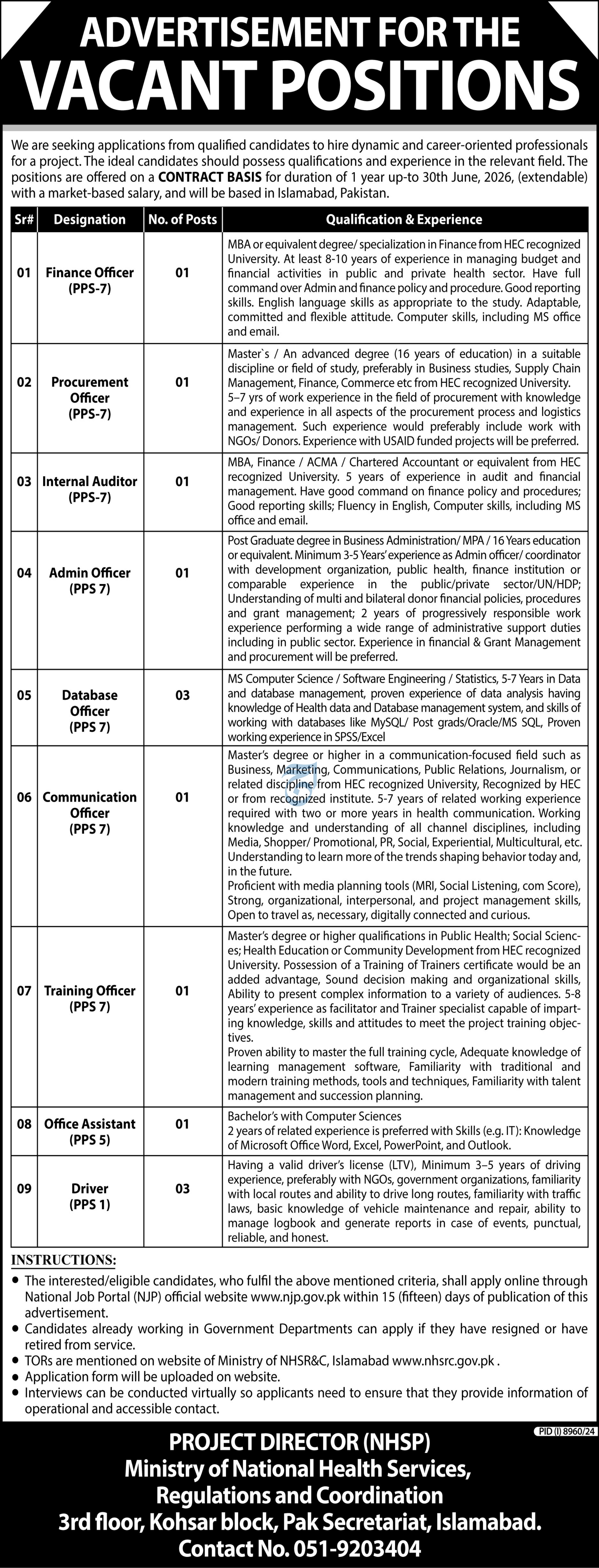 Jobs in Ministry of National Health Services Islamabad